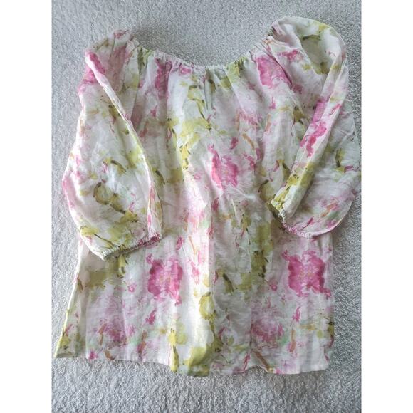 Hester & Orchard Linen Blend XL Watercolor Floral 3/4 Puff Sleeve Peasant Top - Picture 7 of 10